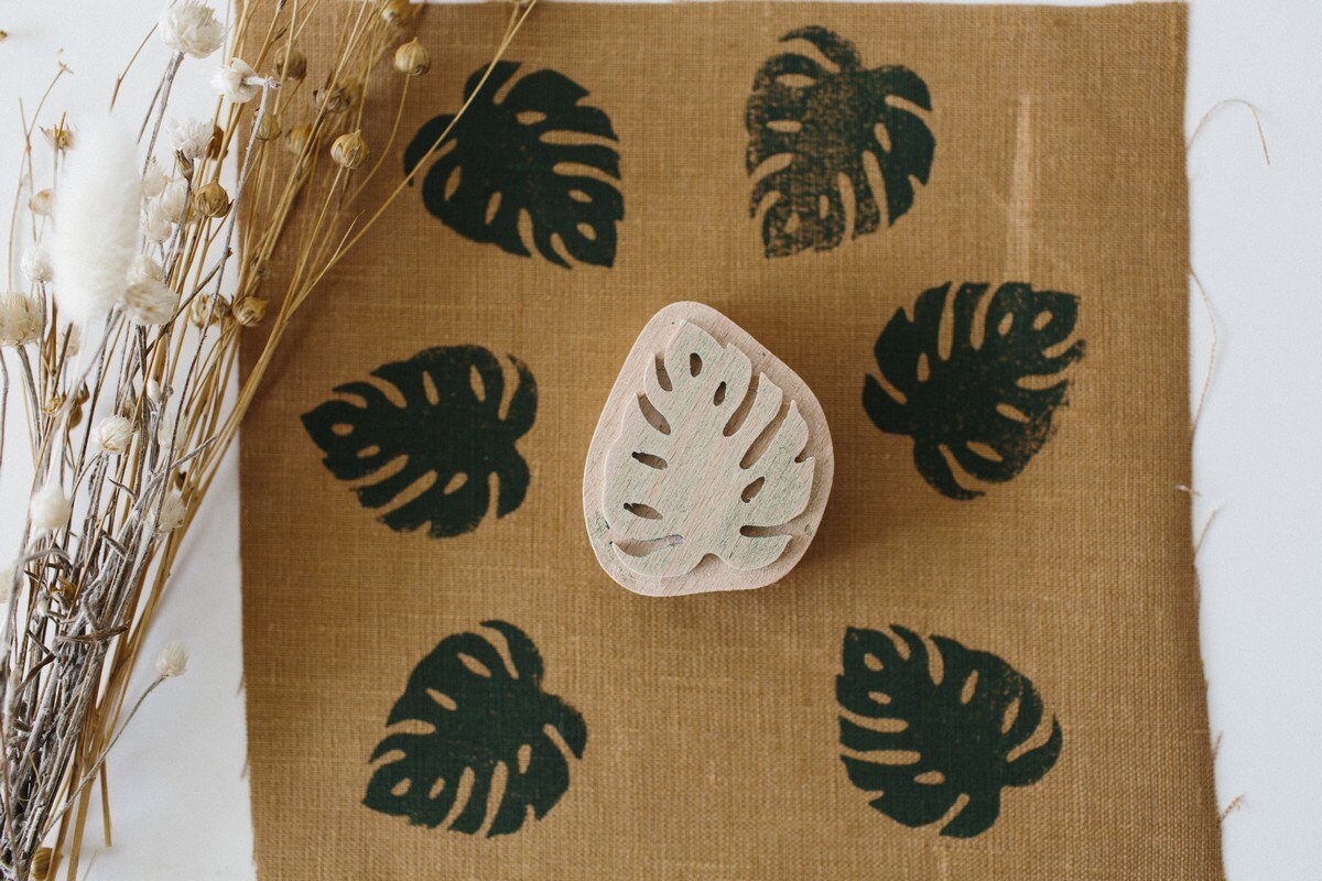 Wooden stamp, fabric stamp, monstera print, clay stamp, soap stamp